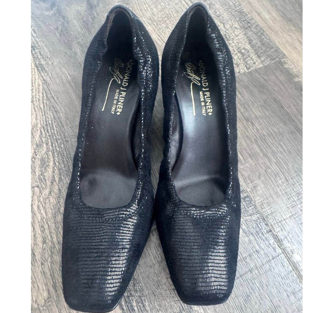 Donald J Pliner Minya Black Lizard Print Leather Square Toe Kitten Heels 8 Italy
